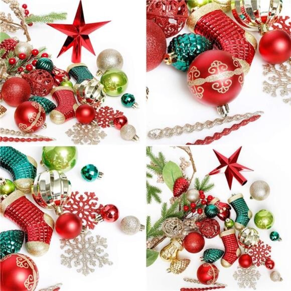 Christmas Tree Ornament, 132pcs Christmas Tree Decoration Set Red Green Gold